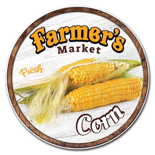 Corrugated Plastic Sign With Stakes 24in Circular-Farmers Market Corn, C-24-CIR-WS-Corn